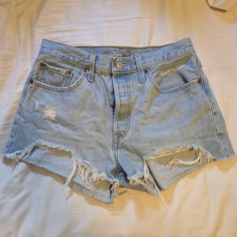 Distressed Light Blue Denim LEVI 501 Shorts